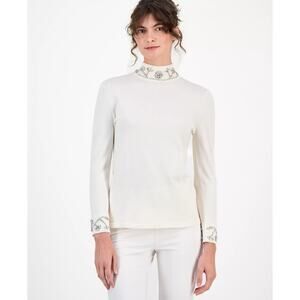 Anne Klein Women Ivory Viscose Embellished Rhinestone Turtleneck Sweater Size L